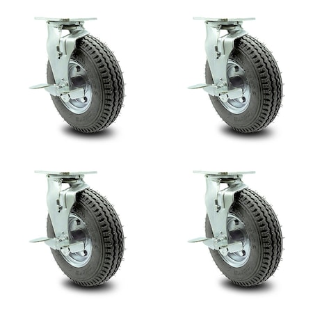 Service Caster 8 Inch Gray Pneumatic Wheel Caster Swivel with Brakes 2 with Swivel Locks, 4PK SCC-100S280-PNB-GRY-TLB-BSL-2-TLB-2